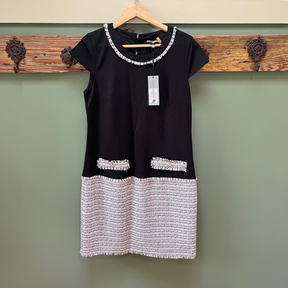 Karl Lagerfeld Paris Women Black Tweed Fringe Trim Shift Dress L8BBU923‎ Size 10